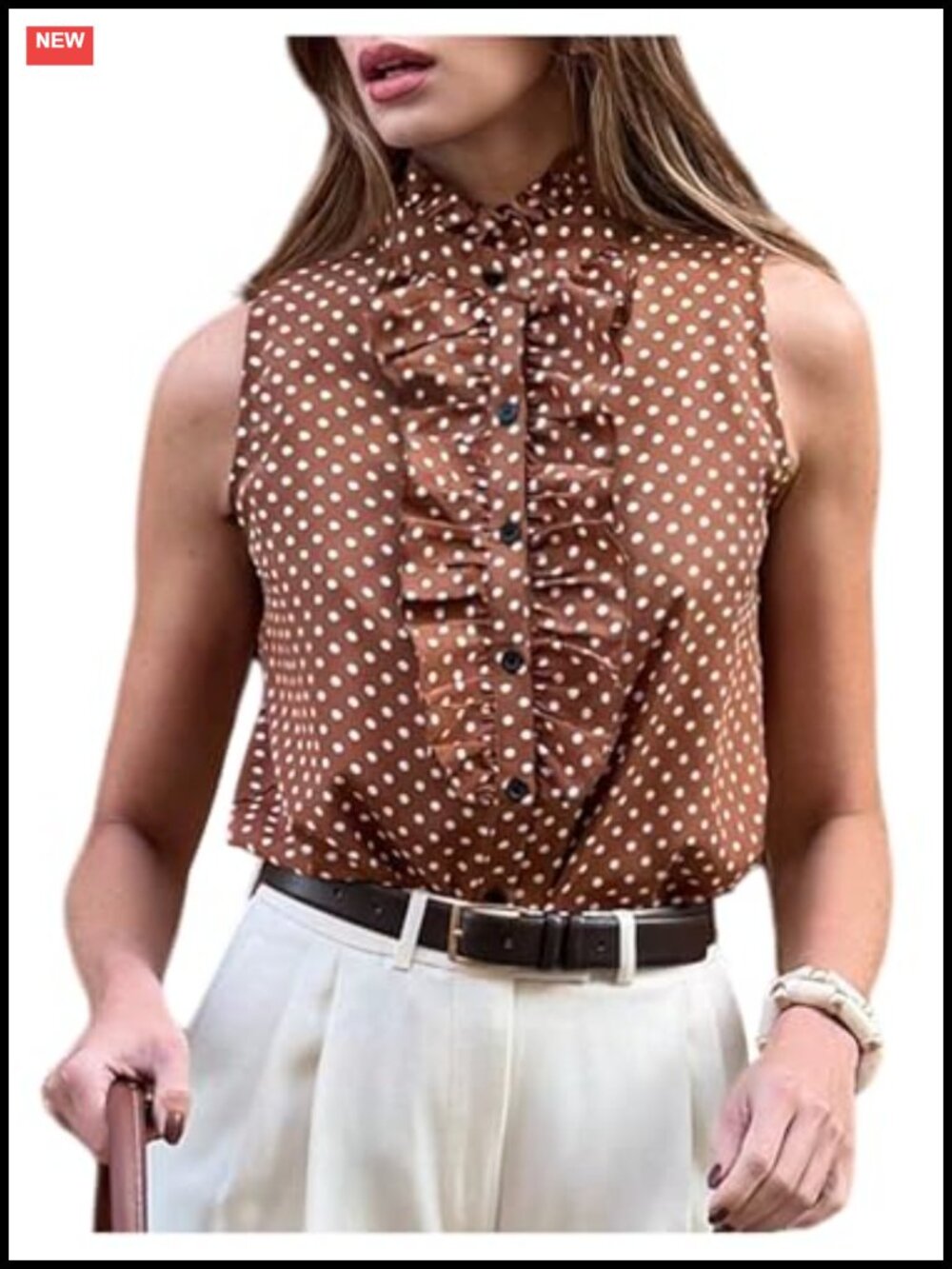 Women's Polka Dot Ruffle Collar Button Down Tank Top Sleeveless Blouse
